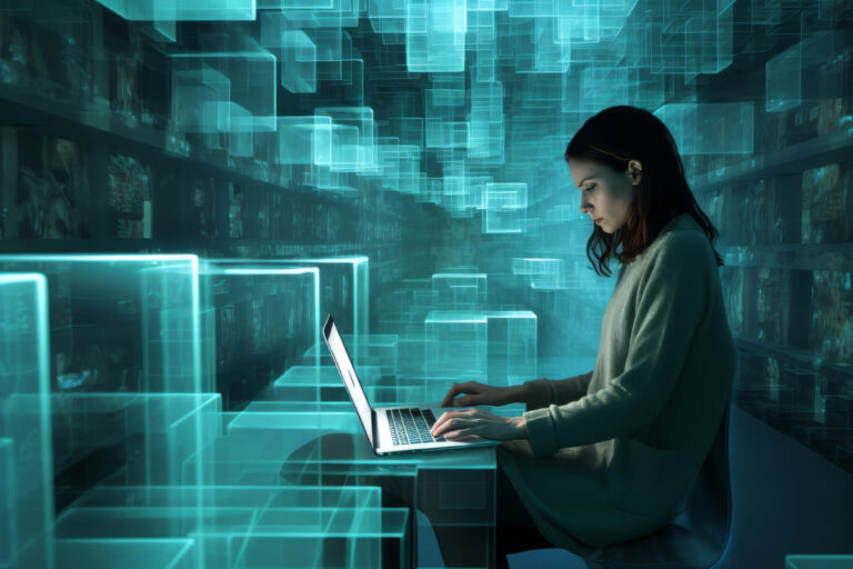 Mulher usando notebook em ambiente digital com cubos transparentes flutuantes, simbolizando o controle e organização de dados digitais.