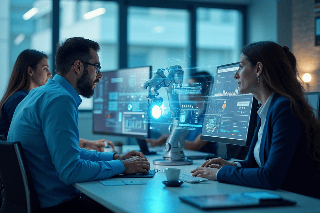 Profissionais trabalhando com sistemas digitais enquanto um braço robótico simula a automação de processos em uma interface holográfica.