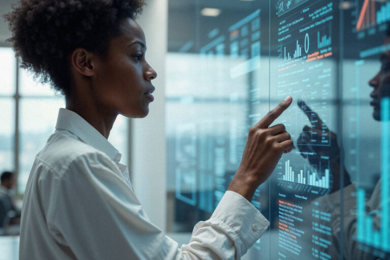 Mulher analisando gráficos interativos em uma tela digital transparente.